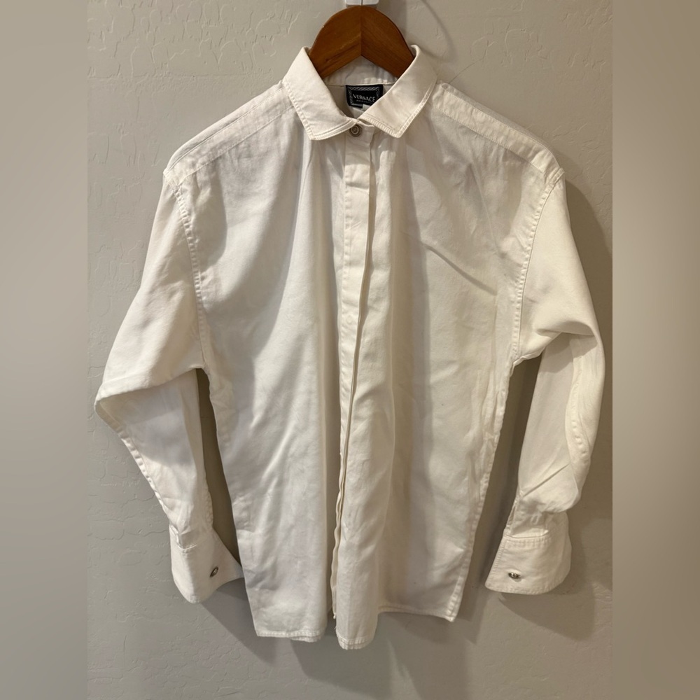 VINTAGE GIANNI VERSACE White Wingtip French Cuff Tuxedo Shirt Medium